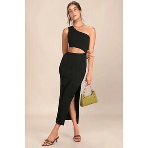 Lulus Spice Things Up Black Rib Knit Sleeveless One Shoulder Cami Tank Dress L